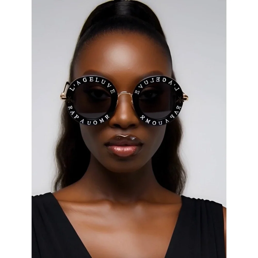 Luxury Round Oversized Sunglasses‎ Black Gold Designer Style Women Shades Trendy